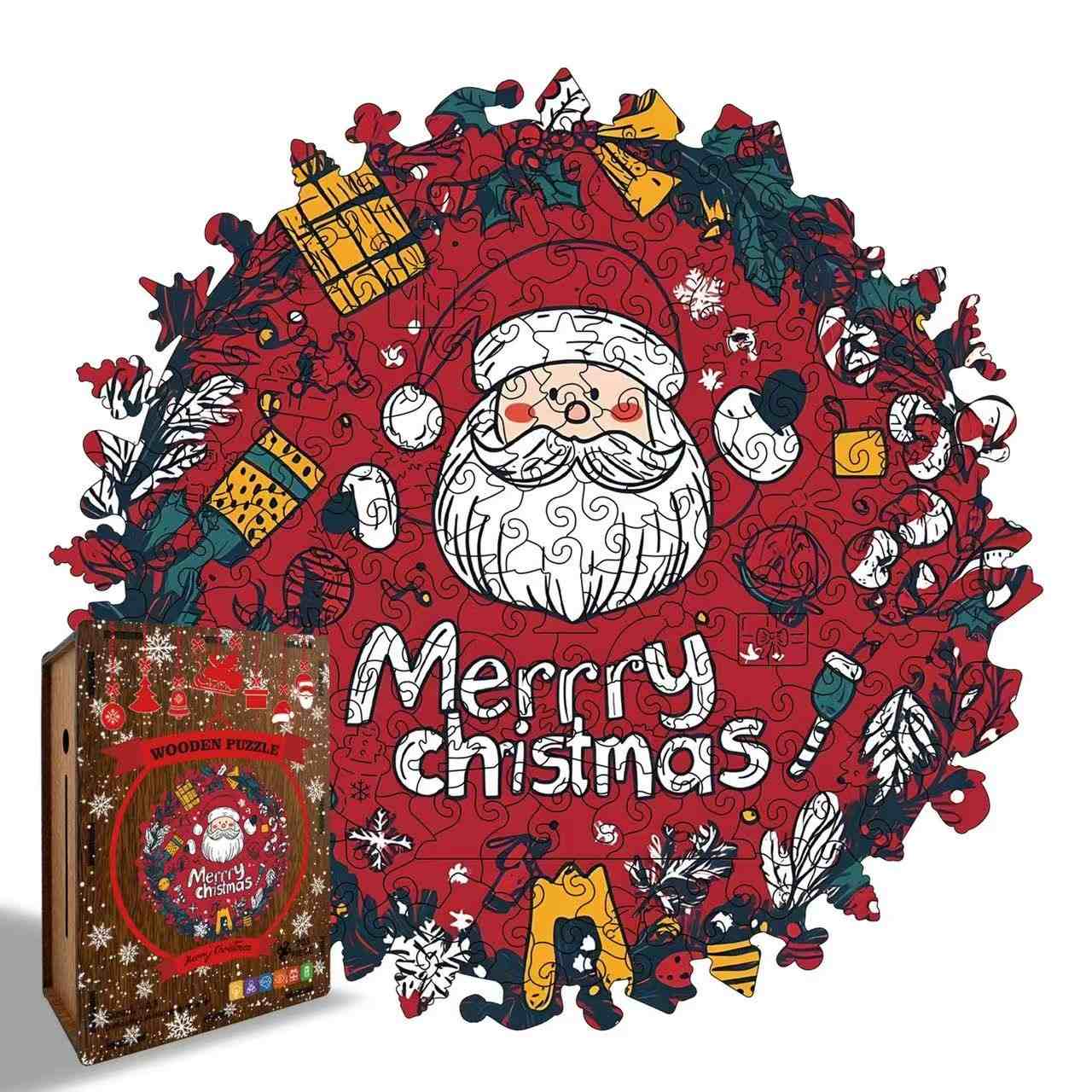 Merry Christmas Wreath Shaped Wooden Puzzle